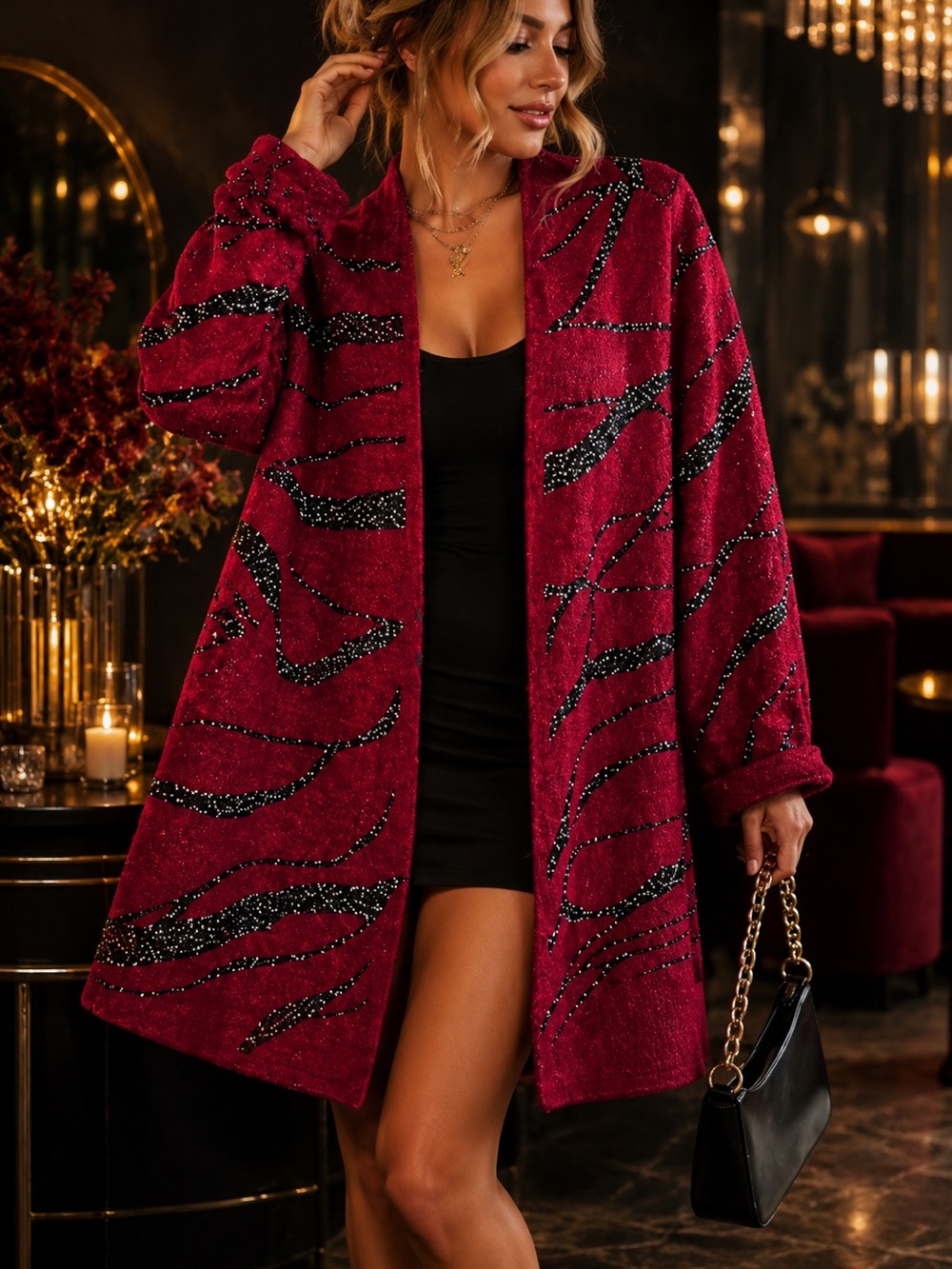Y2K Glam Sparkle Zebra Duster Cardigan XL Burgundy Sequin Statement Jacket